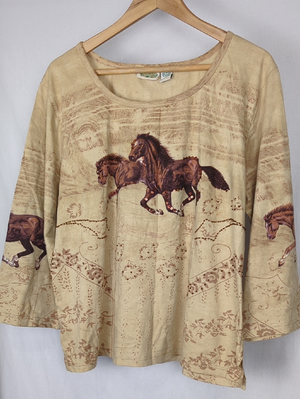 COLLECTIONS ETC Women's Sequin Horse Print Scoop Neck Western Top